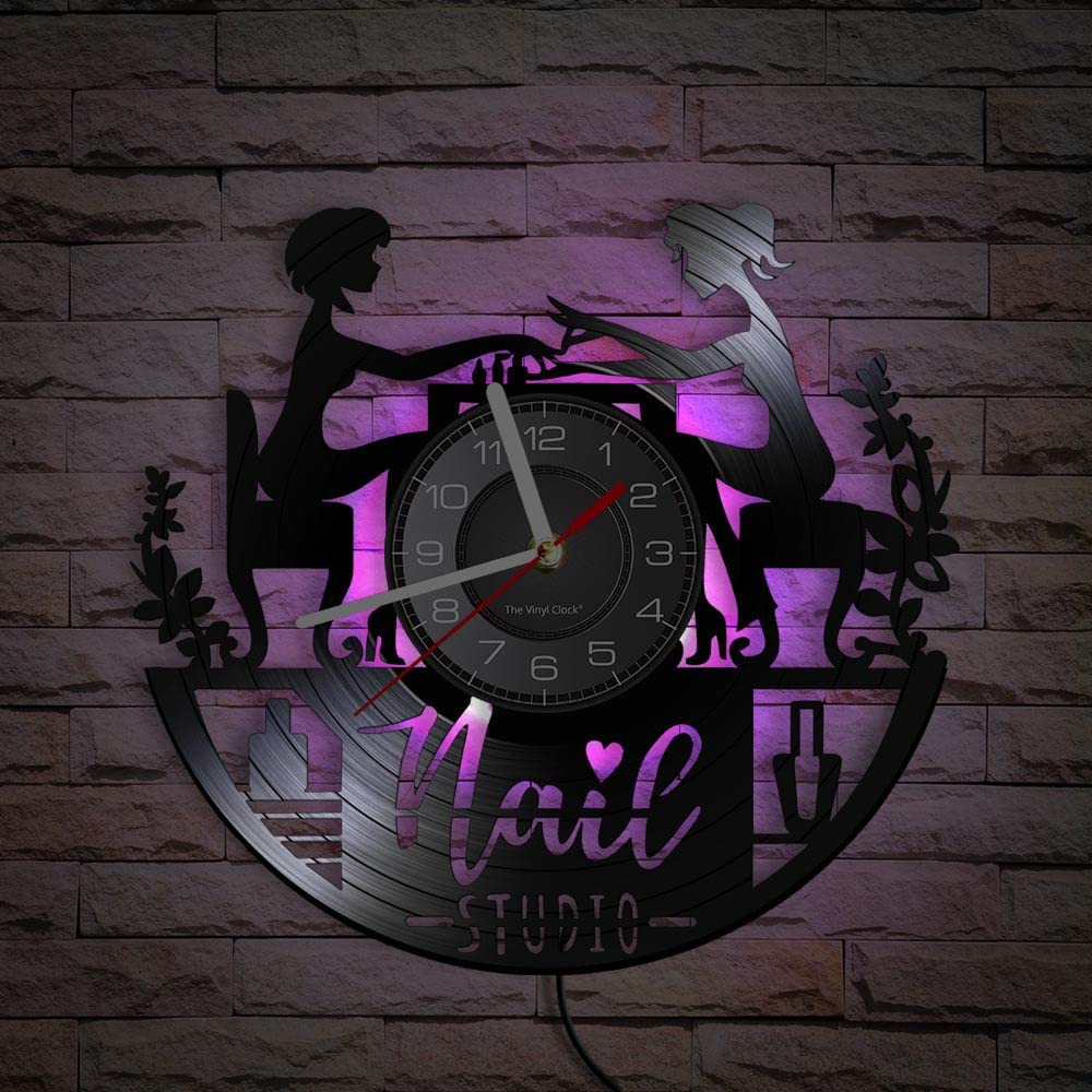 Smotly With Light Vinyl Wall Clock, Nail Salon Design Modern With 7 Colors Led Night Light Decorative Silent Wall Clock For Beauty Lovers Gift. (With Light)