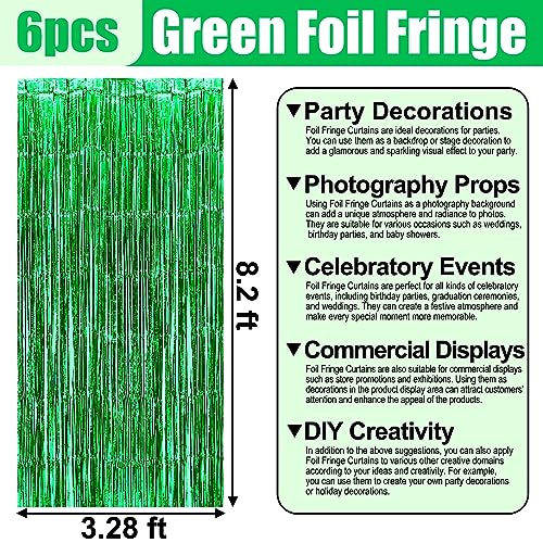 Image of 6 Pack Green Foil Fringe Curtain Backdrop, 3.28Ft x 8.2Ft Metallic Tinsel Foil Fringe Streamer Curtains for Photo Booth, Christmas Day, Thanksgiving, Wedding, New Year Party Decorations