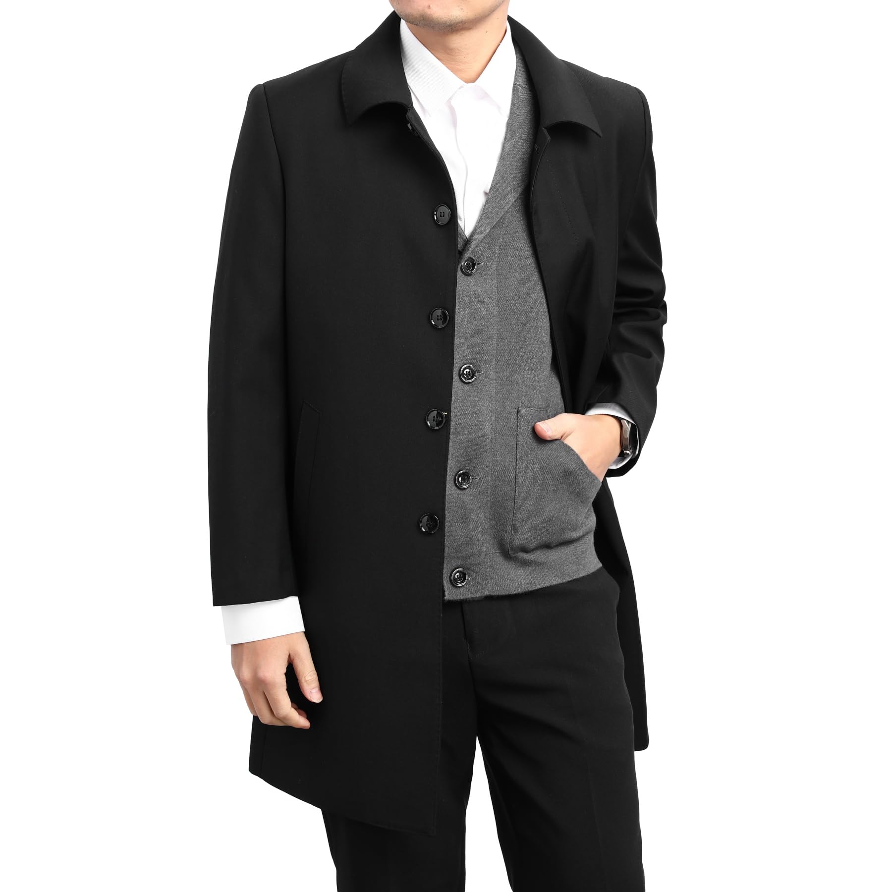 Allthemen Trench Homme Simple Boutonnage Mi-longueur Coupe-Vent Manteau Business Casual Revers Coat