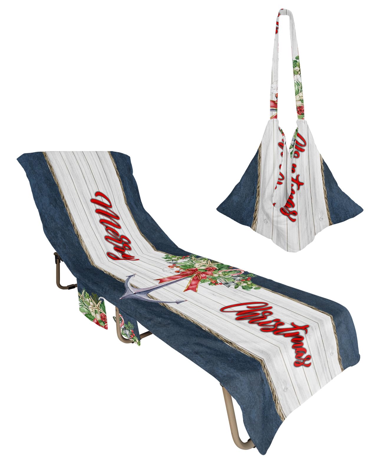 Christmas Anchor Beach Chair Towel Covers for Chaise Lounge with Side Pocket, Soft Plush Pool Towels Cover for Patio Sunbathing Outdoor 29''x85'' Nautical Luxurious Berry