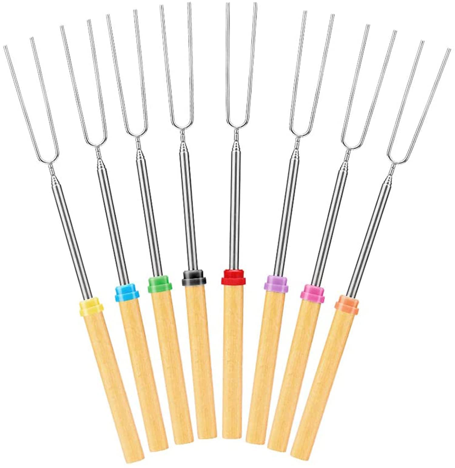 KASTWAVE 8 Pcs Telescopic Skewers, Campfire Roasting Sticks for Marshmallows and Hot Dog, Extra Long Heavy Duty Forks for Fire Pit and Fireplace, Camping Grill Accessories with Portable Bag