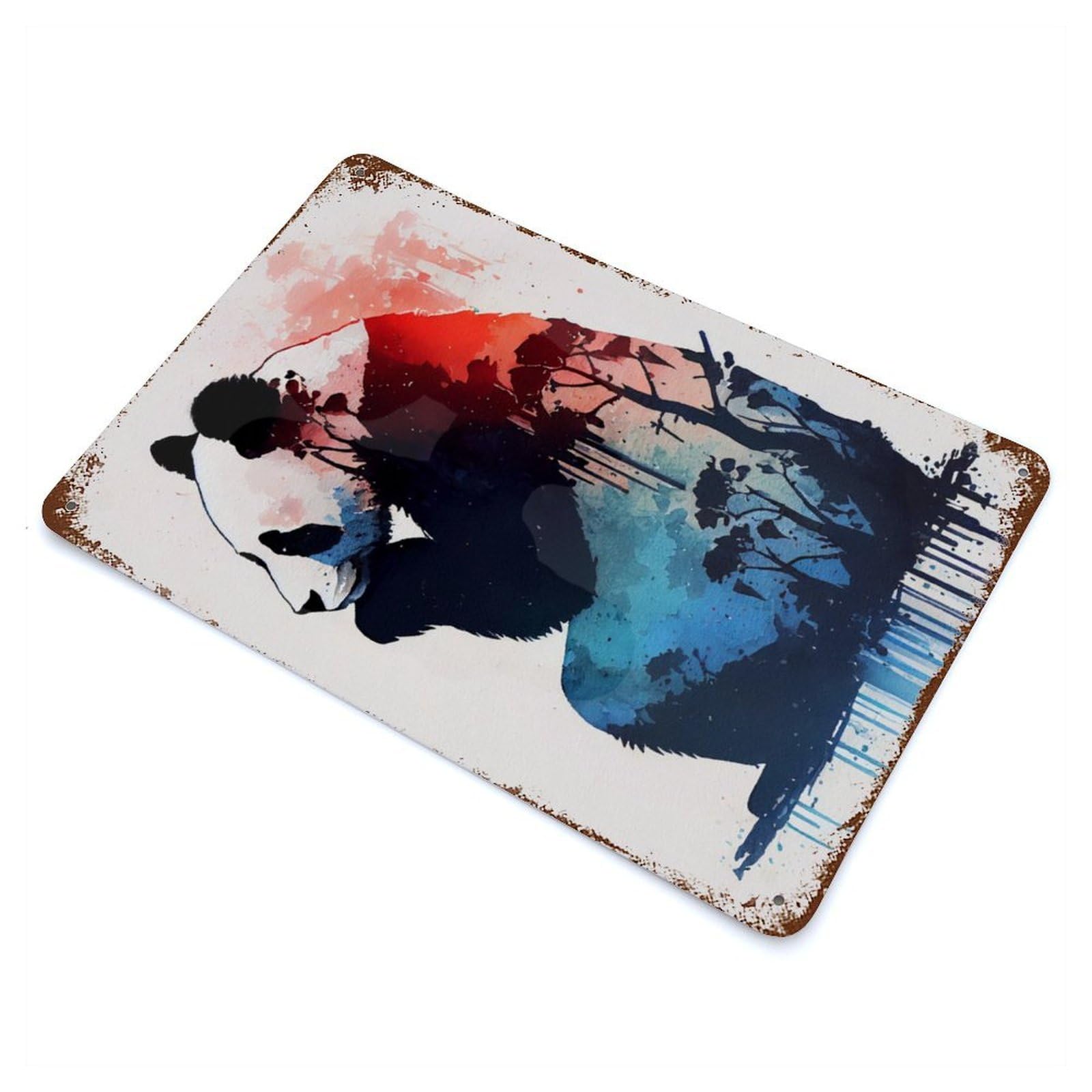 Rust Effect Panda Colorful Weathered Tin Sign 11.8"x7.9", Classic Wall Plaque for Living Room, Hallway And Home Decor