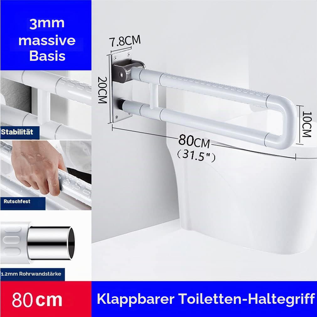 80CM WC Haltegriff,faltbare Bad Stützklappgriff,Stützgriff Safe Geländer Badezimmer Grip Treppenhandläufe für ältere Schwangere Edelstahl Wandmontage Rutschfest armlehne (80cm,Weiß)
