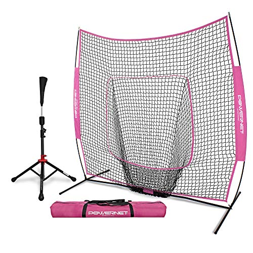 PowerNet Baseball Softball Practice Net 7x7 with Deluxe Tee (Pink) | Practice Hitting