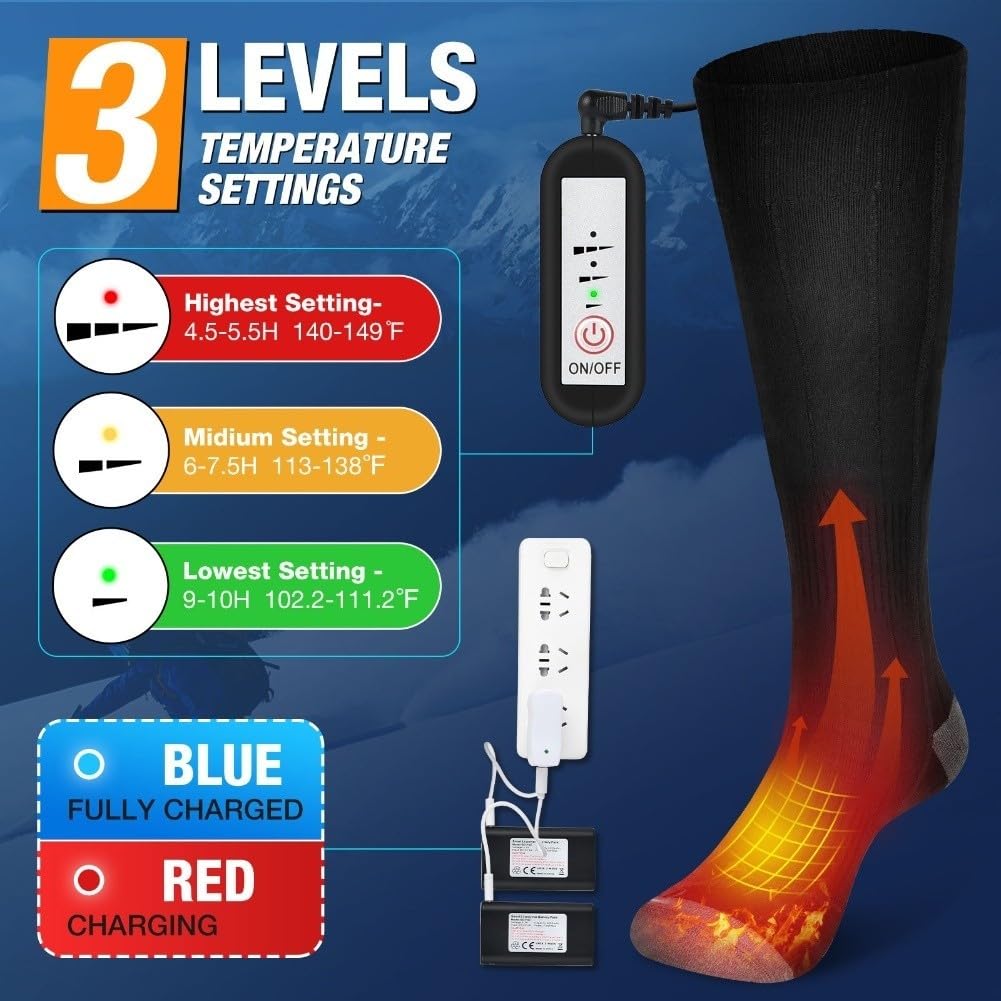 Chaussettes chauffantes rechargeables pour homme et femme, chauffe-pieds électriques 5000 mAh avec chaleur réglable, lavables en machine, chaussettes thermiques pour temps froid (L)