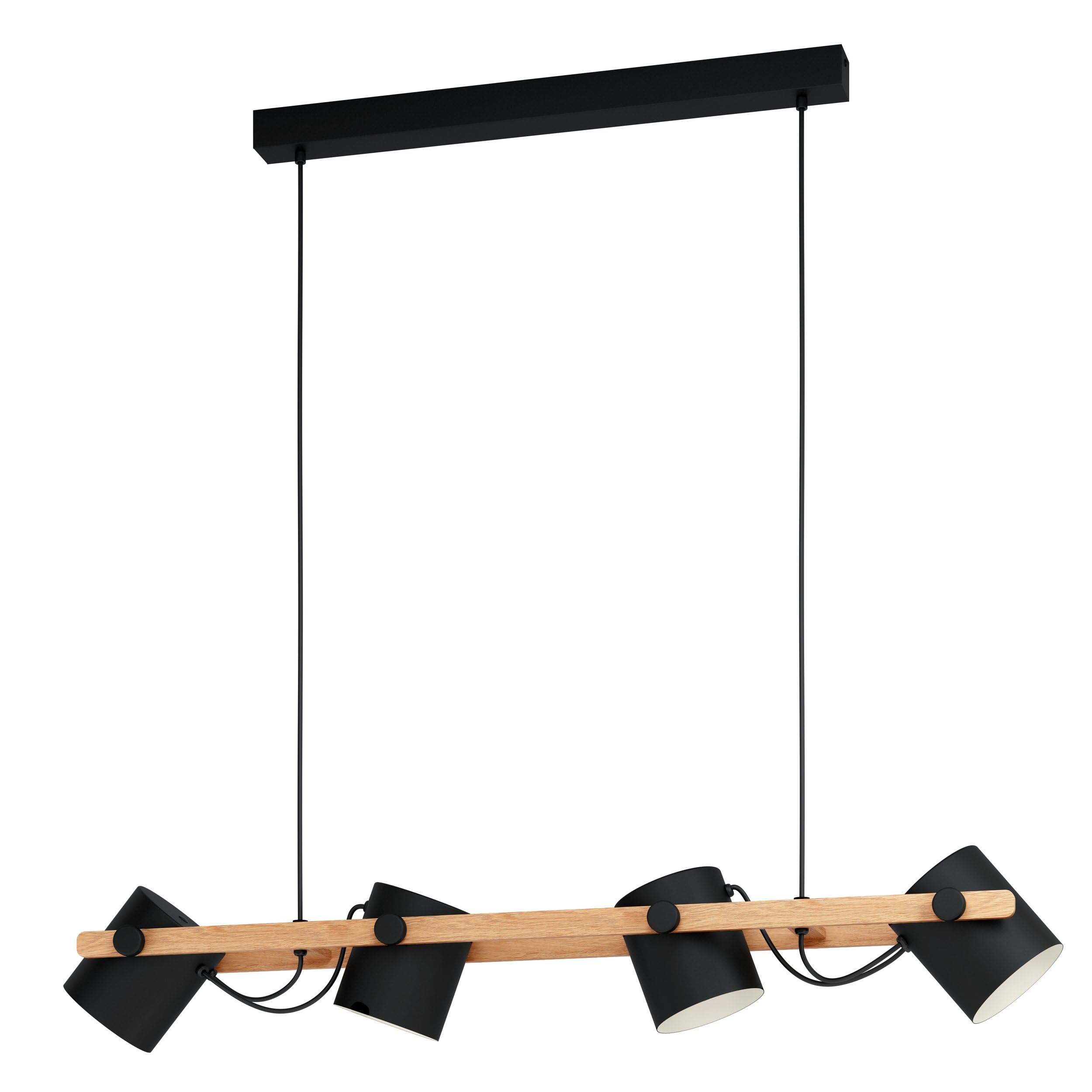 Eglo Hornwood Pendant Lamp, 4-Light Vintage Hanging Light in Industrial Style, Retro Metal and Wood Pendant Lamp, Black, Cream, Brown, FSC Certified, E27 Socket