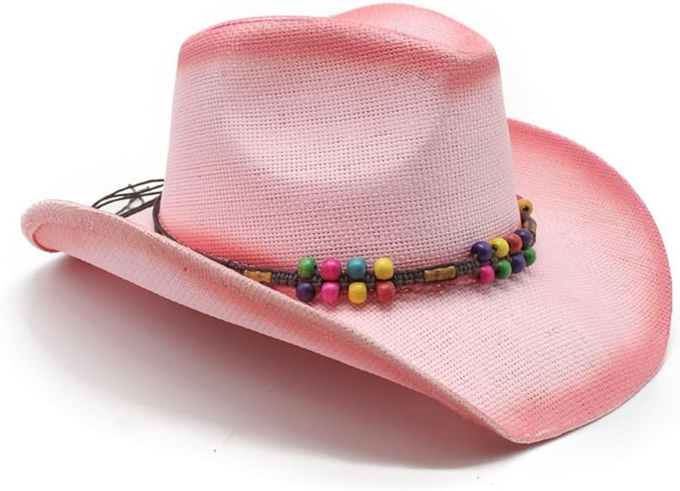 Western Cowboy Hat with Beaded Band, Pink, Wide Brim, Straw Style
