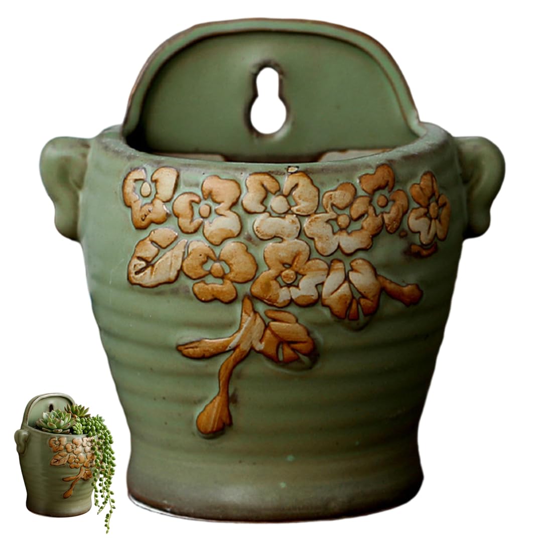 Latemeia Green Vintage Ceramic Wall Planter, Wall Hanging Planter With Retro Design For Indoor Outdoor Plants, Small Succulents Flower Pot Holder, Ceramic