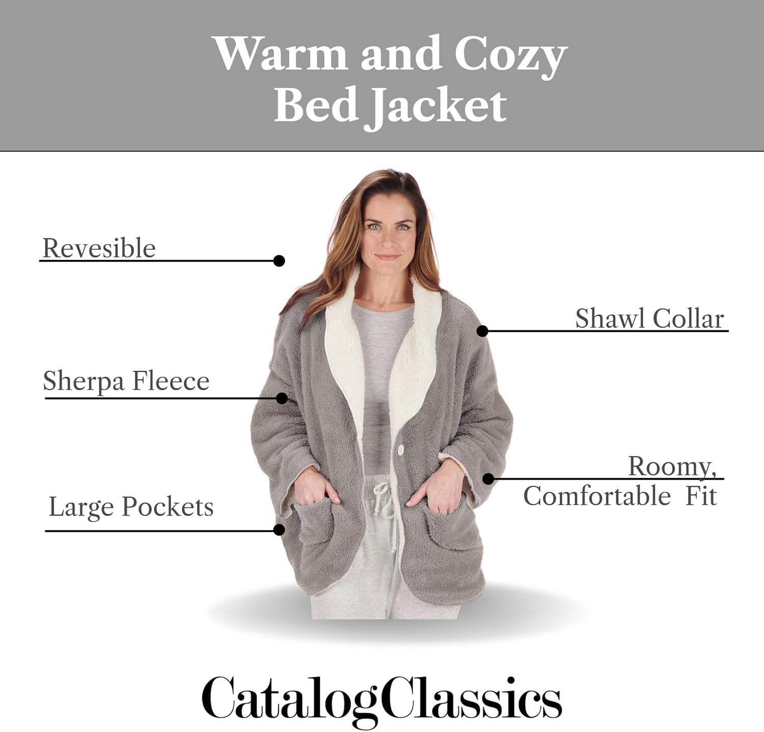 CATALOG CLASSICS Womens Fleece Bed Jacket with Pockets House Coat for Women - Gray, 2X - Image 2
