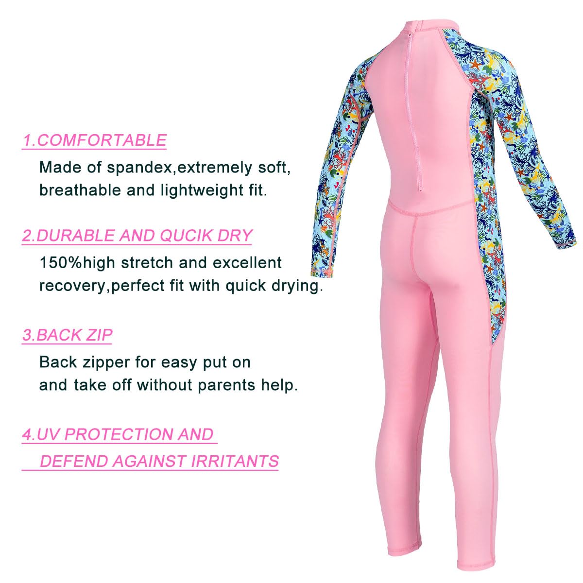 Kids Full Body Swimsuit One Piece Long Sleeve Wetsuit Skin Rash Guard Sun Protection Diving Skin Sunsuit Swimwear for Girls Boys S Size