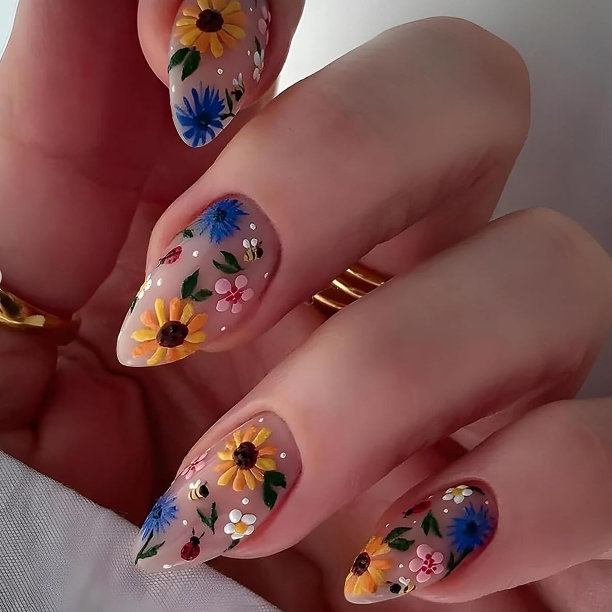 SXVME French Press on Nails Almond Shape False Nails with Colorful Flower Designs Floral Fake Nails Medium Length Spring Summer for Women 24Pcs