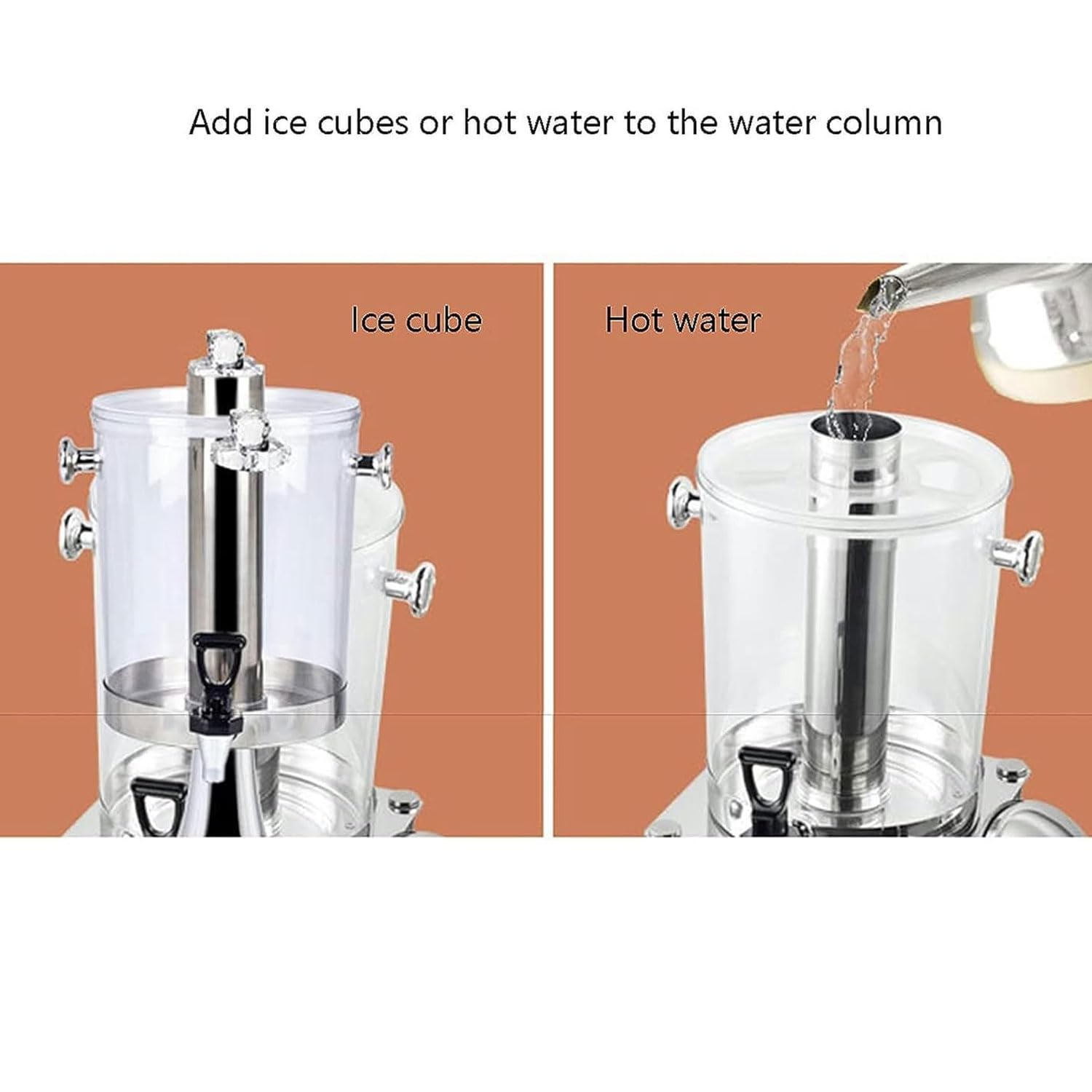 Dispenser per bevande in acciaio inossidabile da 16 litri, dispenser per bevande con doppio contenitore, con nucleo centrale per ghiaccio e vassoi antigoccia, dispenser per succhi di bevande calde
