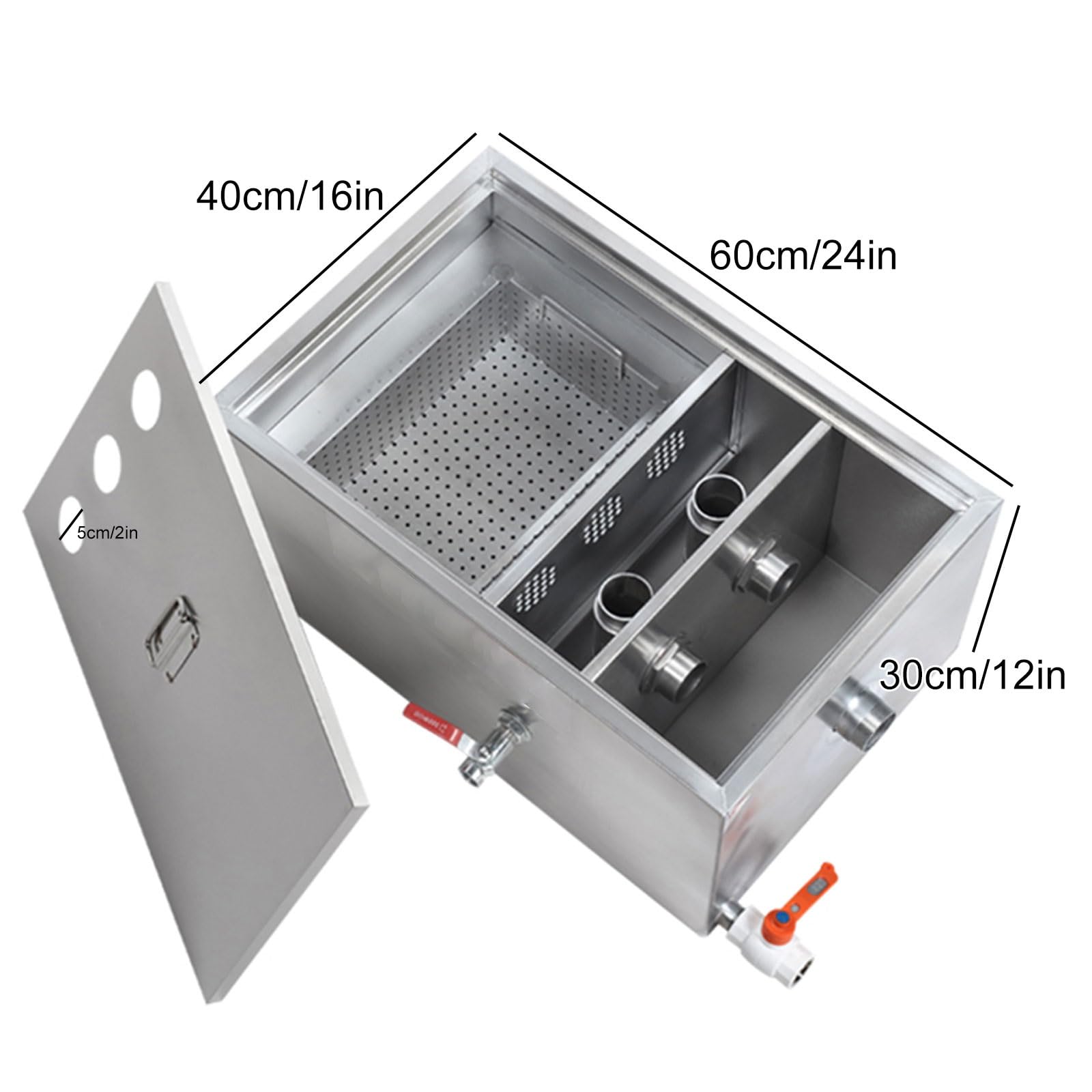 Séparateur de Graisse Commercial, Bac a Graisse sous Evier, Intercepteur en Acier Inoxydable avec Entrées Supérieures pour Cuisine de Restaurant(Size:60 x 40 x 30cm/24 x 16 x 12in)
