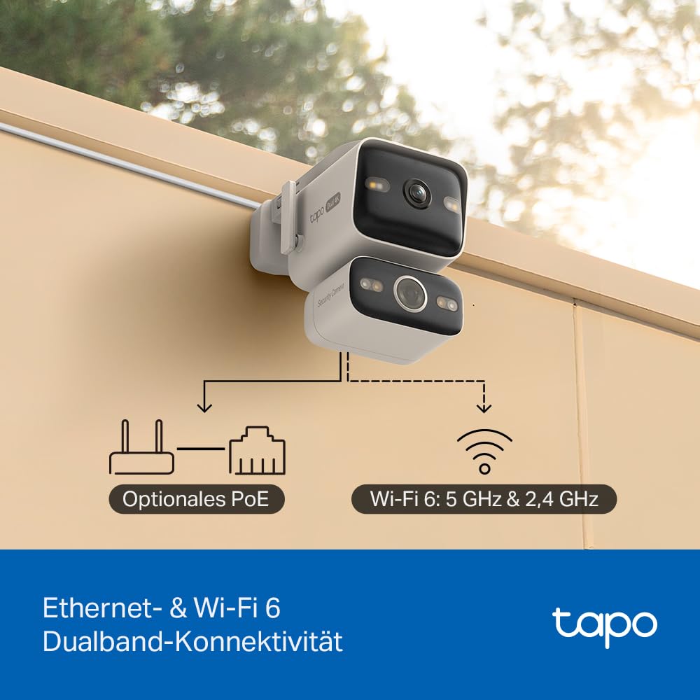 Tapo C575D 4K Überwachungskamera Außen mit Dual-Objektiv, 170° Ultraweitwinkel, 8mm Teleobjektiv, PoE/DC, Dualband-WLAN, kostenlose lokale KI-Erkennung, microSD/H500 Hub, IP66, 2026 Flaggschiff