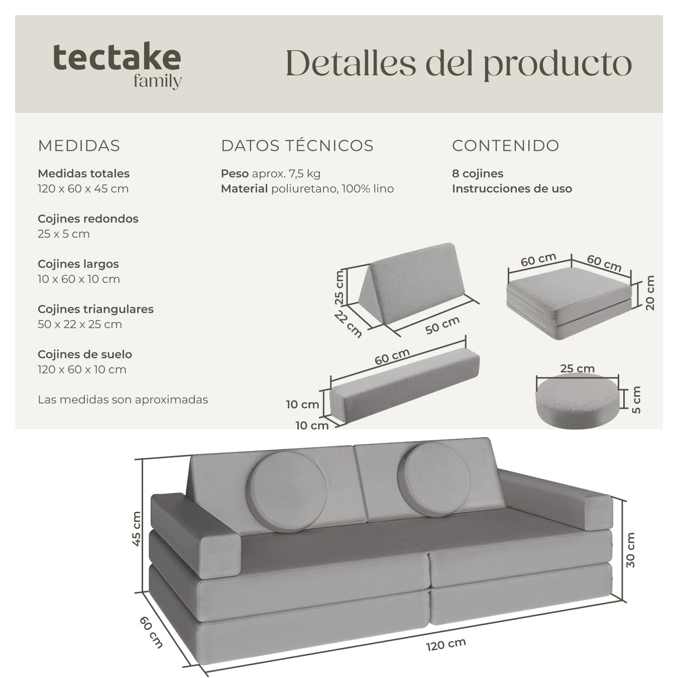 tectake® sofá Modular, 8 Piezas, apilable, Sillon Infantil con Fundas Desmontables, sofá Cama Plegable, Acolchado Grueso, Cama Infantil Plegable, sillón Cama - 120 cm Gris