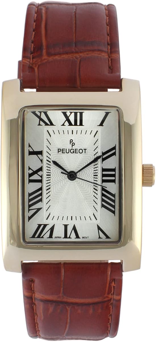 Peugeot Men's Vintage Tank 14K Gold Plated Roman Numeral Leather Watch