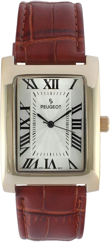 Peugeot Men's Vintage Tank 14K Gold Plated Roman Numeral Leather Watch