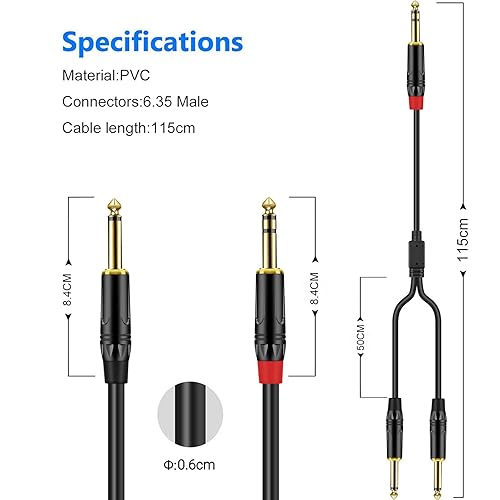 Miniatura 3 de Cable de inserción estéreo TRS de 14 de pulgada, chapado en oro, serie Audiowave de 0.250 in macho a doble macho TS macho de 0.250 in, cable de