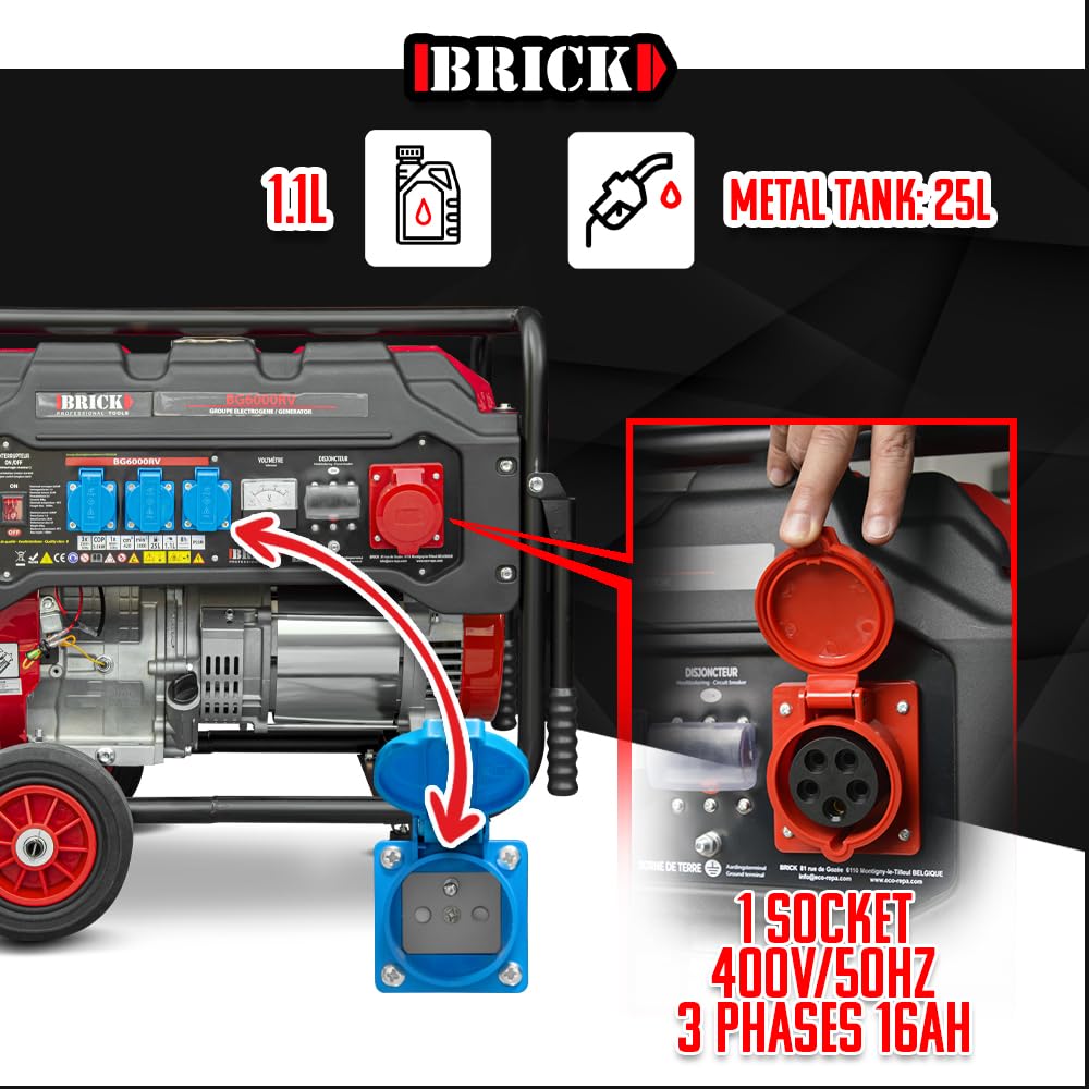Groupe électrogène max 6000W avec roues et prise triphasée - Brick