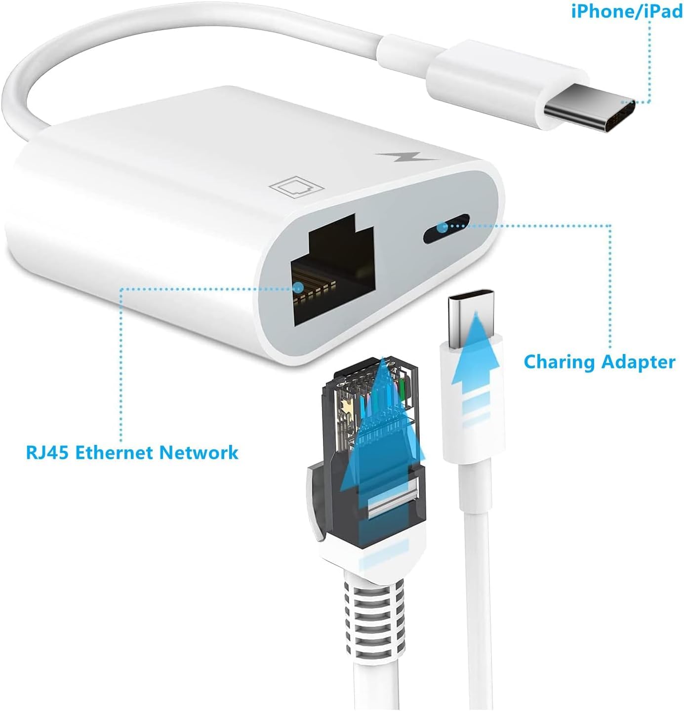 USB C to Ethernet Adapter with Charging, Type-C to RJ45 Ethernet Adapter, Portable USB-C Ethernet LAN Network Adapter Compatible for iPhone 15 Pro/Max/Plus MacBook Pro Air 2018, Samsung, iPad and More
