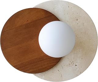 Wabi-Sabi Travertine Wall Sconce, Round Natural Stone & Walnut Wood Accent with White Glass Sphere Lamp Shade, G9 Bulb | Wall Lights for Bedroom, Hallways, Staircases, Hotel, Bars, Cafes