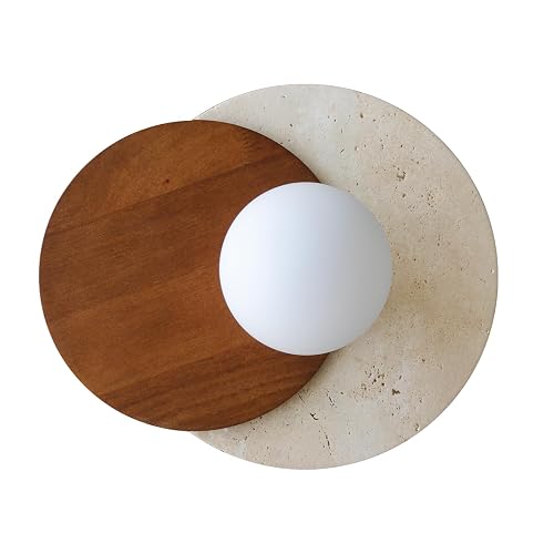 Wabi-Sabi Travertine Wall Sconce, Round Natural Stone & Walnut Wood