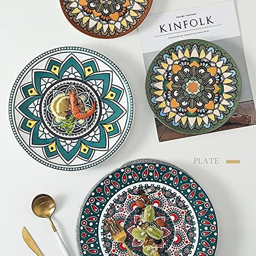 Ceramiczny talerz obiadowy, płaska okrągła taca na amerykańskie dim sum i stek, zastawa stołowa w stylu boho do domowej jadalni, nadaje się do zachodniej żywności