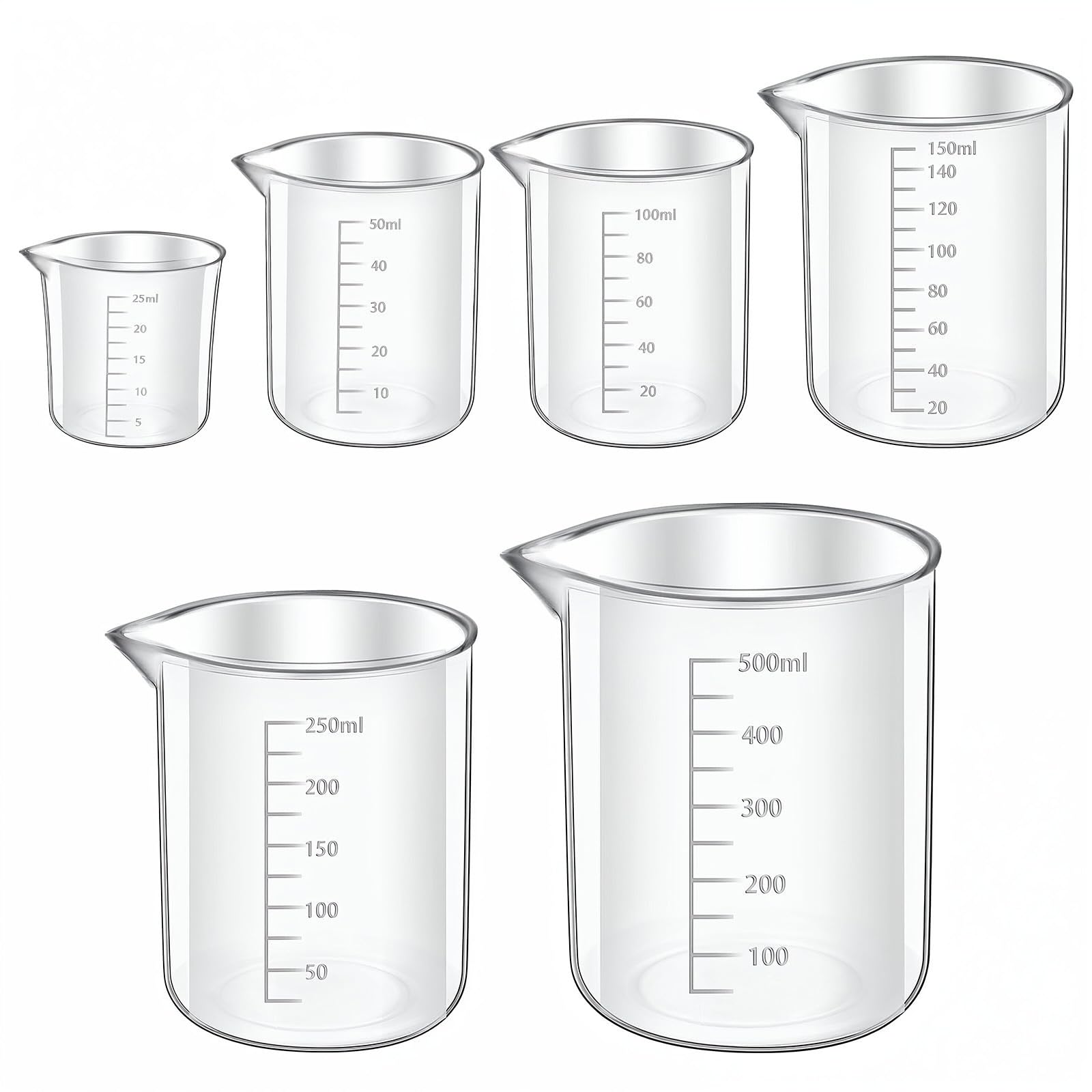 6 szt. plastikowej zlewki, 6 rozmiarów, przezroczysty kubek z miarką PP, kubek do mieszania laboratoryjnych kubków pomiarowych w 500 ml/250 ml/150 ml/100 ml/50 ml, pojemność 25 ml do