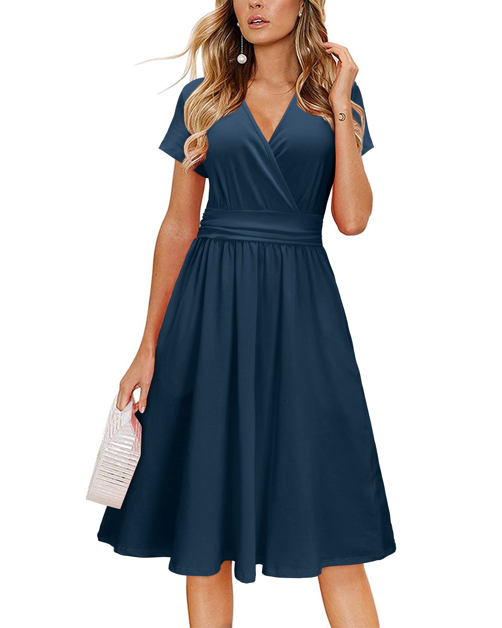 Newshows Women's Pockets Wrap V Neck Floral Summer Vacation Casual Sundress | Wrinkle Free, Stretchy, Summer Beach Floral Sundress 2026, Casual Dress for Vacation, Guaduation, Side Pockets, A-line