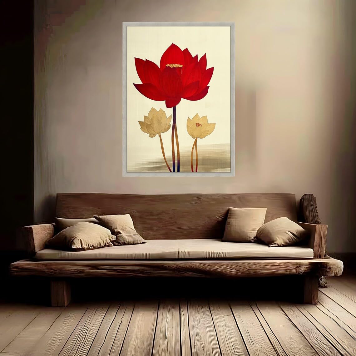 XINBAO Obraz na płótnie z czerwonymi i beżowymi kwiatami lotosu, kwiatowy nadruk botaniczny, dekoracja mieszkania Zen, uspokajająca ilustracja roślin (60 x 80 cm/rama wewnętrzna)