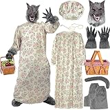 Hercicy 8 Pcs Adult Wolf Granny Costume, Wolf Claws Gloves Tail Shoes Cover Hat Glasses Head Mask Pajamas Rect Basket(Stylish)