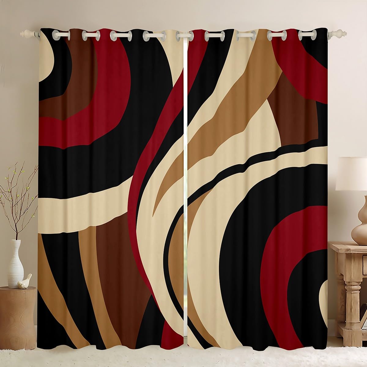 Homewish Black Red Brown Window Curtain Vintage Abstract Stripes Curtains for Kids Girls Women Adult Bedroom Decor Geometric Circle Waves Window