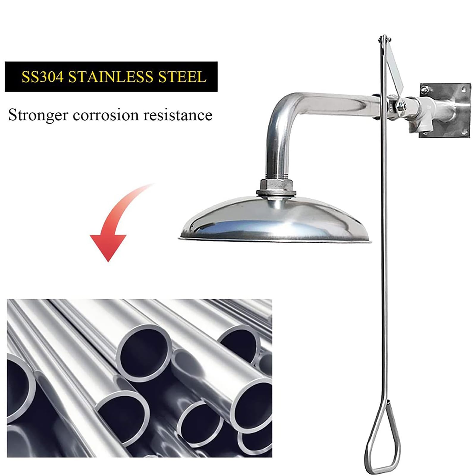 Douche de sécurité d'urgence avec pommeau Horizontal Mural et pommeau en Acier Inoxydable, Compatible avec Une Station de Lavage oculaire d'urgence.