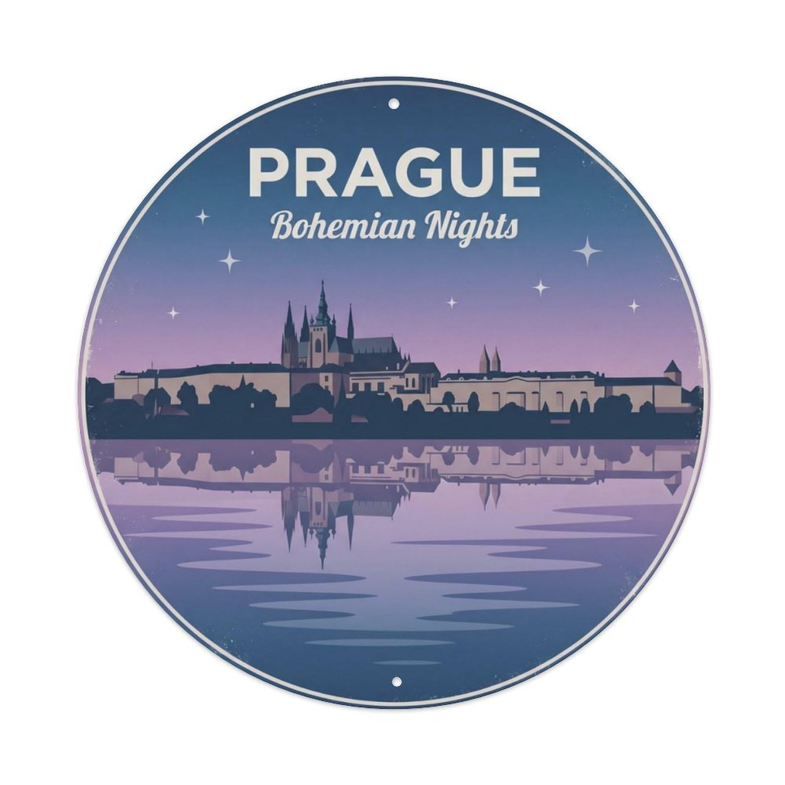 Vintage Travel Bohemia Prague Vltava Metal Tin Sign Plaque Wall Decor for Cafe, Club, Garden Round Metal Poster 8x8Inch
