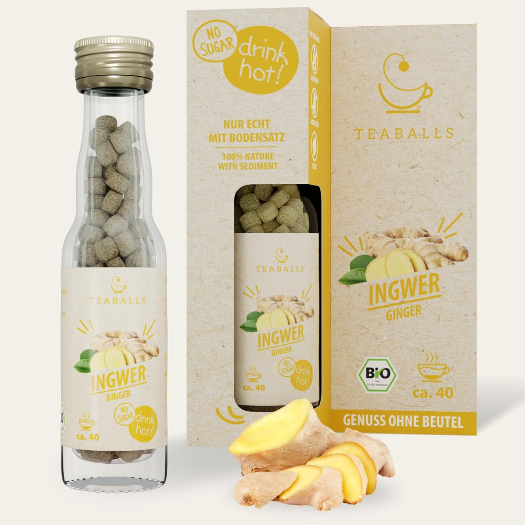 TEABALLS – BIO INGWER – Kräutertee ohne Beutel – nur mit heißem Wasser, wärmend-klar, 40 Tassen, zuckerfrei & kalorienfrei, vegan, Deutsche Innovation
