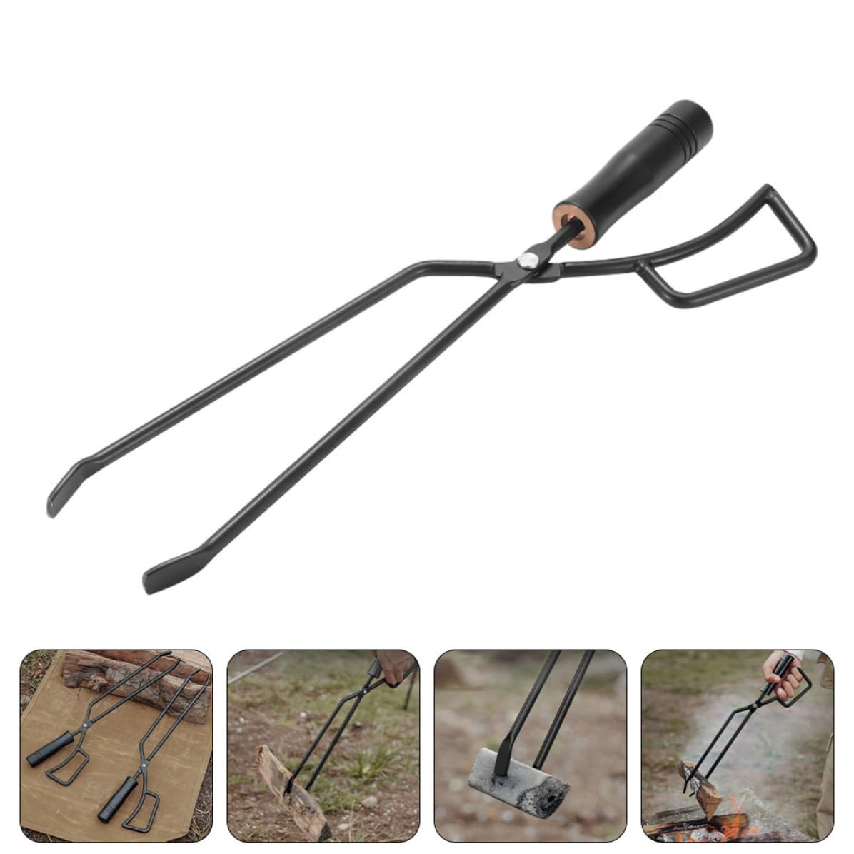 MAGICLULU Pinza per Carbonella in Ferro e Legno Nero, Utensile Barbecue Pratico e Stabile per Camping e Grigliate in Giardino