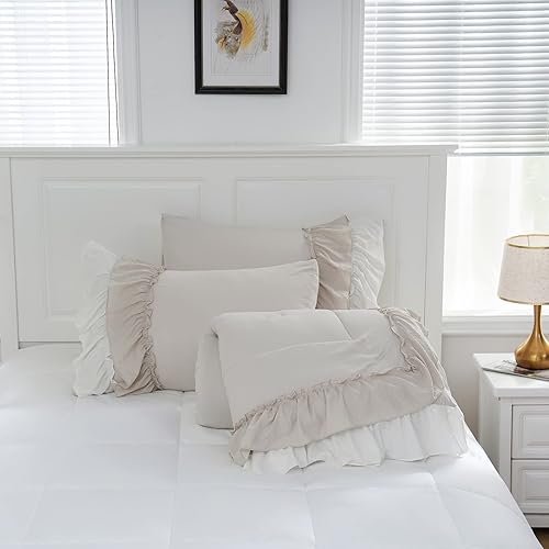 Miniatura 7 de Juego de edredón de 2 capas con volantes y estilo bohemio Comfrter King, color beige, estilo Shabby Chic para decoración del hogar, ropa de cama de