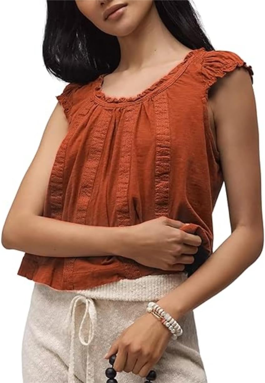 Women’s Summer Ruffle-Shoulder Swing Tank Tops Pleated Peplum Crewneck Casual Tee Basic Loose Blouse Shirts