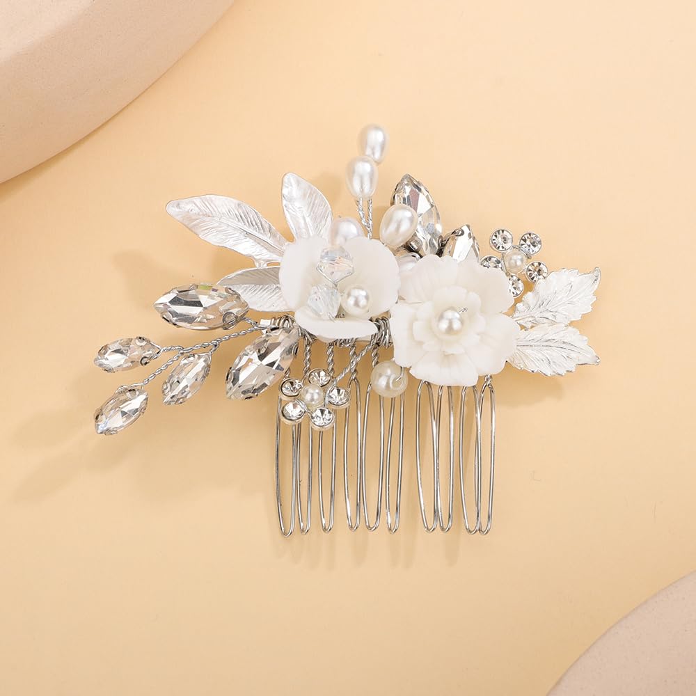 Teyglen White Flower Bridal Hair Comb Cute Small Flower Rhinestone Headpiece Floral Crystal Pearl Hair Piece Hair Accessories for Women Flower Girls