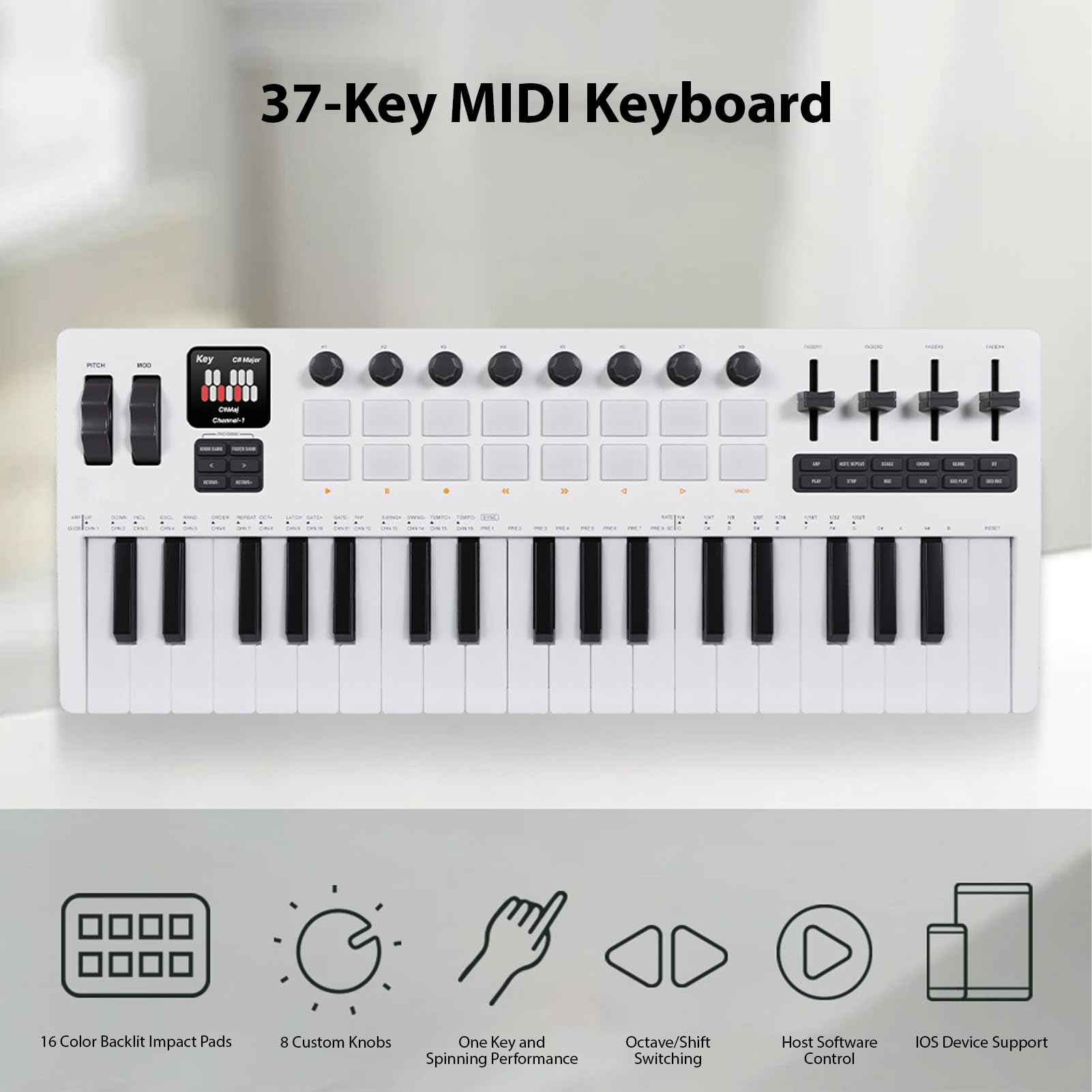 Btuty Controlador de teclado MIDI de 37 teclas, controlador de producción de música, teclado de piano MIDI con 16 almohadillas de batería RGB, 8 perillas, 4 atenuadores, motor sintetizador para