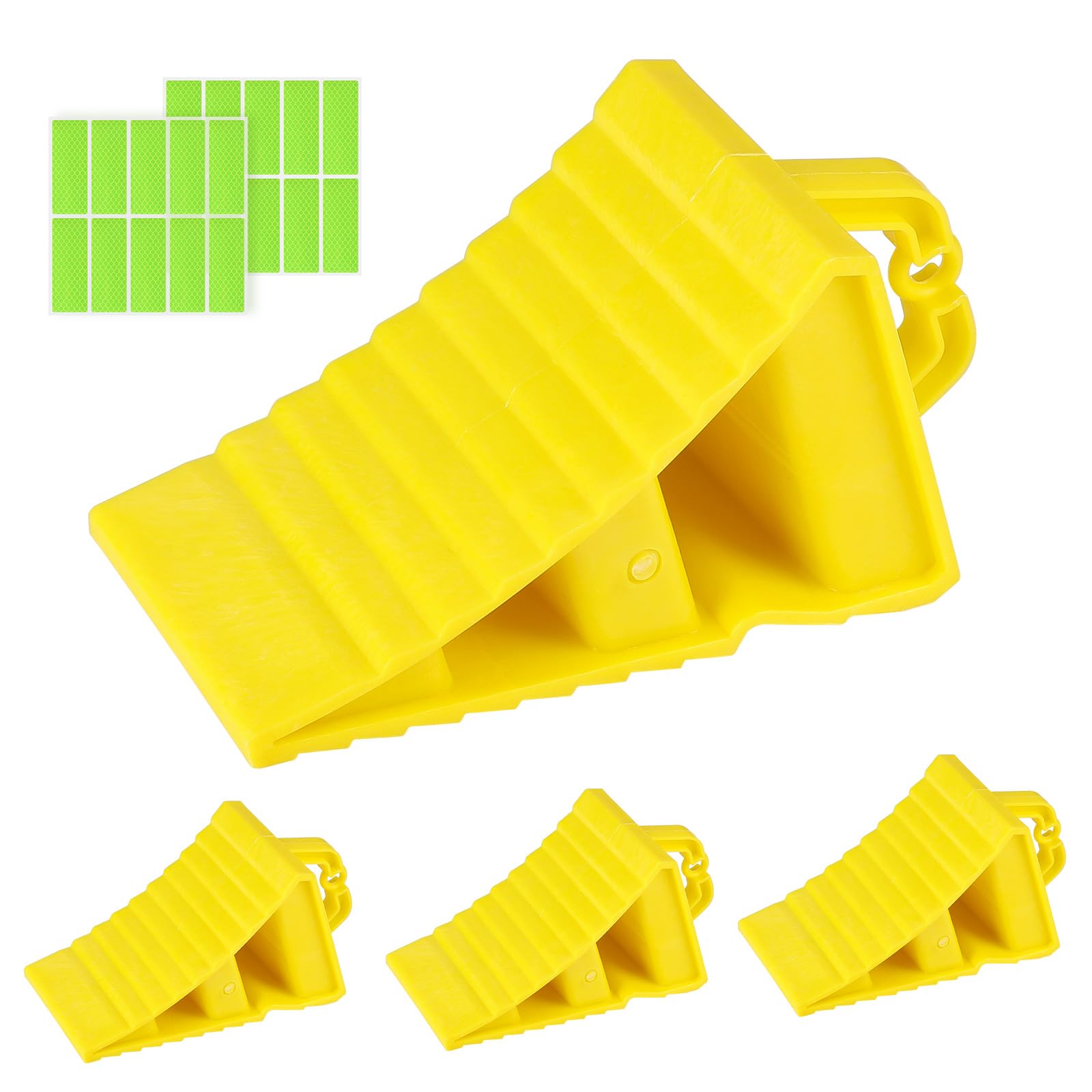 SWAWIS 4 Pezzi Cunei per Ruote in PE Plastica 190x107x107mm Giallo, con Maniglia e 20 Adesivi Riflettenti, Antiscivolo, per Rimorchi Caravan Camper Auto
