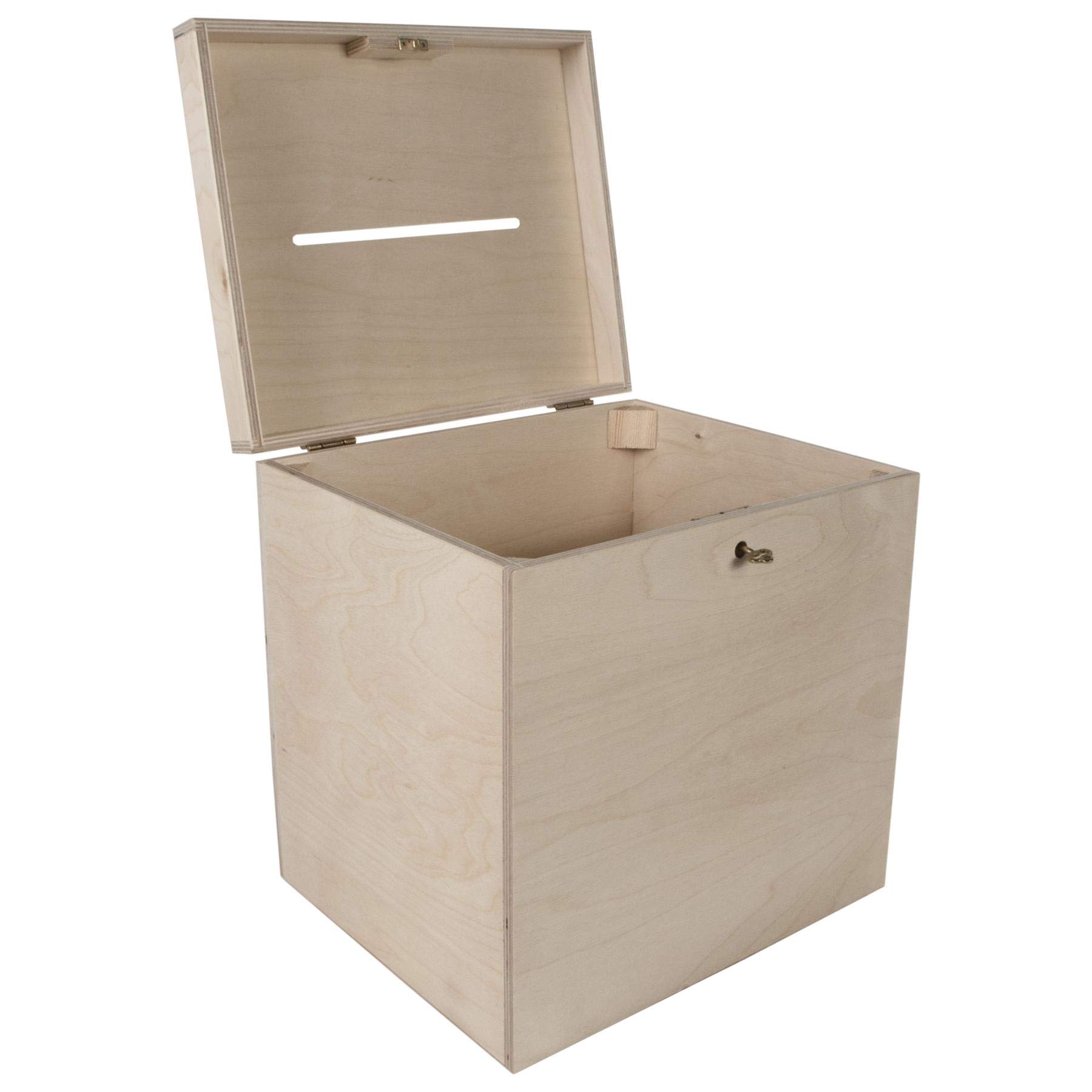 WooDeeDoo Large Deep Lockable Wooden Wedding Card Box with Slot and Hinged Lid – 29 x 25 x 30 cm – Unpainted Chest for Gifts Guest Messages or Event Decoration