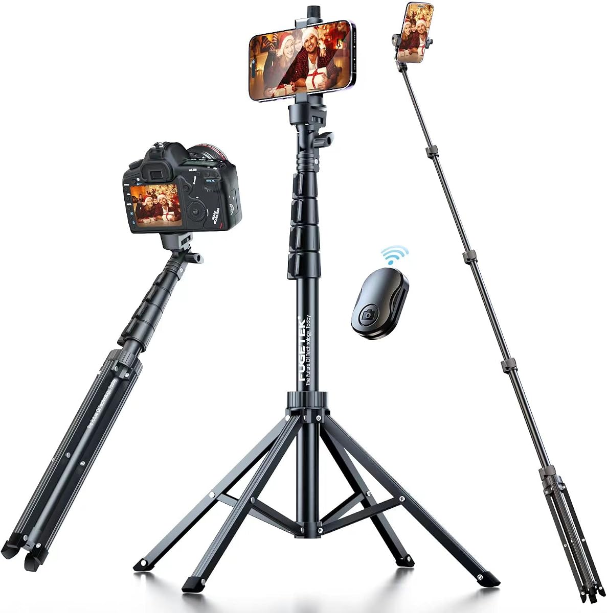 Fugetek 62" Selfie Stick Tripod for iPhone, Stable 4 Leg Design, Bluetooth Remote, Aluminum Stick & Legs, Lightweight, Portable All in One, Compatible with iPhone & Android, Non Skid Feet