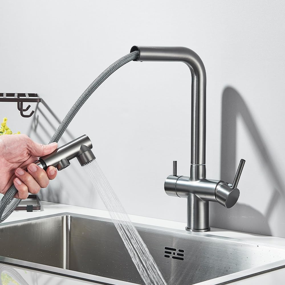 Robinet de cuisine extractible filtré en laiton noir, mitigeur d'évier rotatif 360° gris pistolet