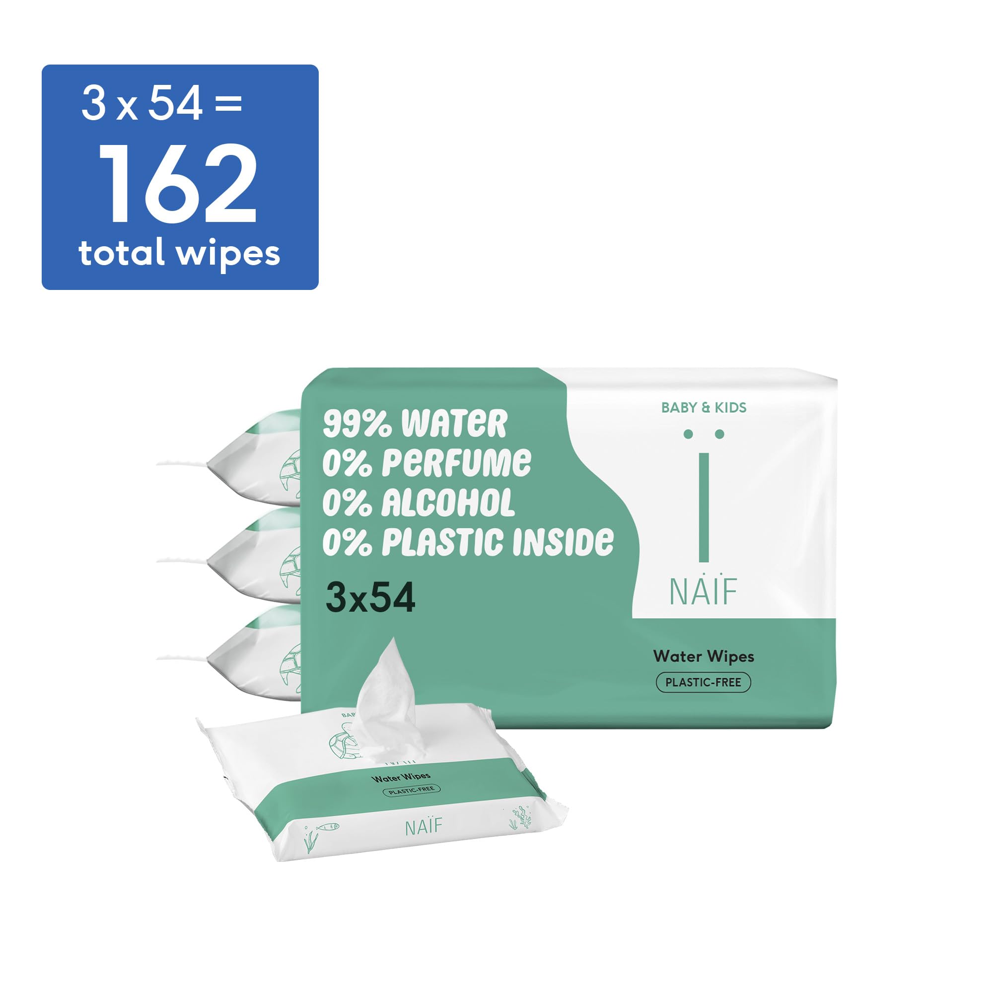 Naïf - Lingettes humides sans plastique - 162 lingettes (3 x 54 lingettes) - Soin des fesses, du corps et du visage de bébé - 99% d'eau - 0% de parfum et d'alcool