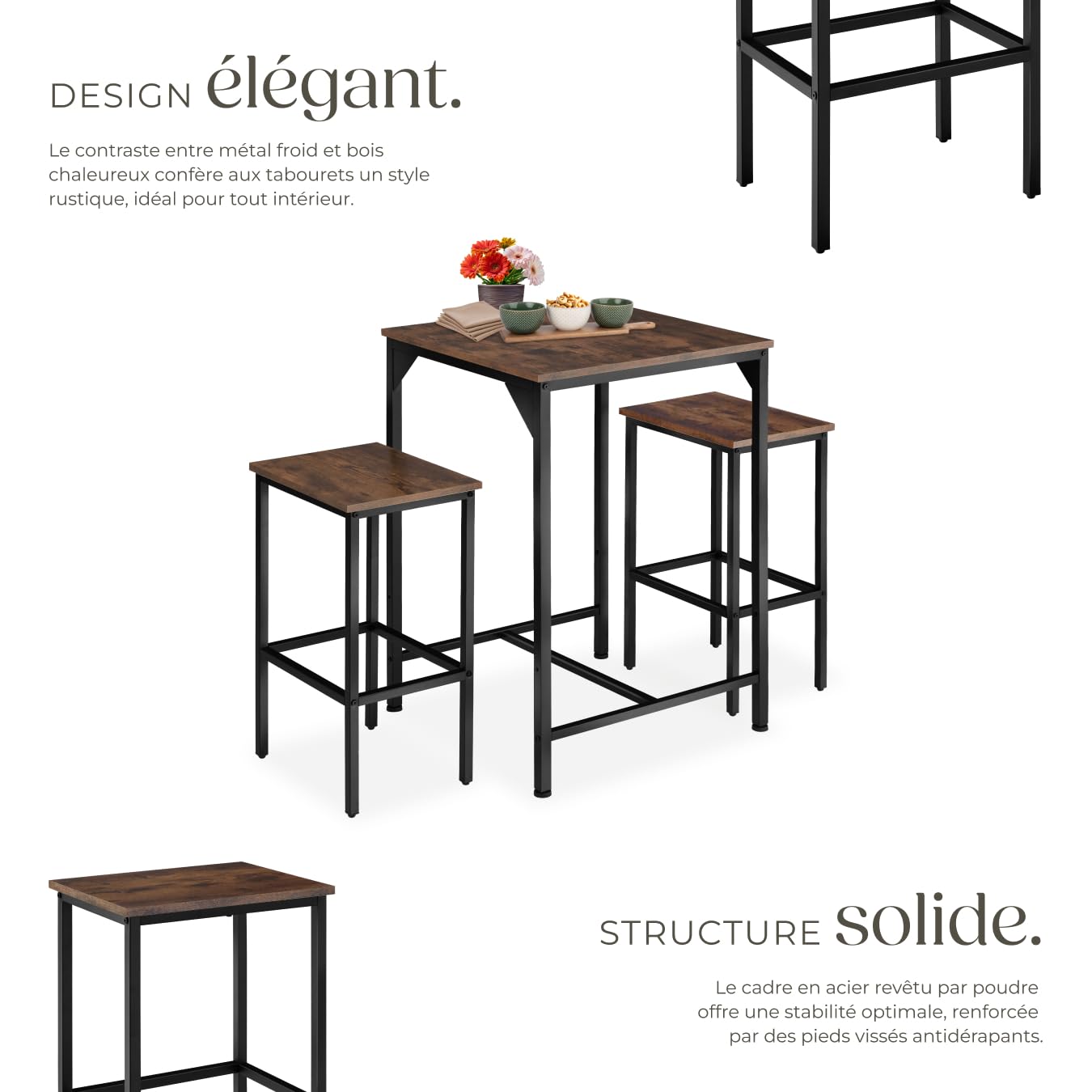 tectake® Ensemble de Bar 3 pièces, Table Haute 60 x 60 x 91 cm et 2 Tabouret Bar 40 x 30 x 66 cm, Style Industriel, Table Haute Mange Debout et Tabouret Haut, Cuisine, Salle à Manger, Bois foncé