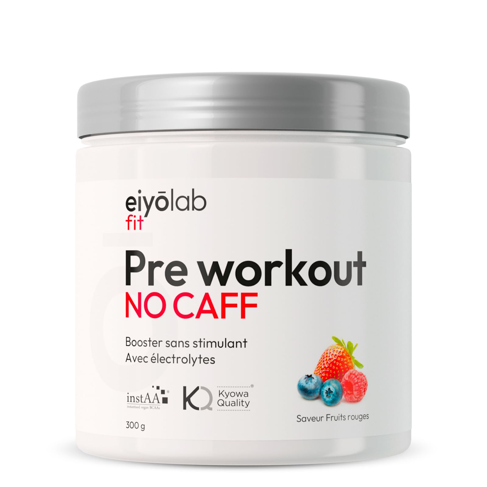Pre Workout sans Caféine ni Créatine | Citrulline Kyowa et BCAA instantanés | Électrolytes pour Hydratation Optimale | L-Arginine + Bêta Alanine & Taurine | 300g de Poudre Fruits Rouges | Eiyolab