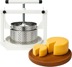 Kit Prensa Queijo Caseira Artesanal + 2 Formas de Queijo Minas Frescal Inox Redonda 500g e 1kg + Tampas e Reservatório