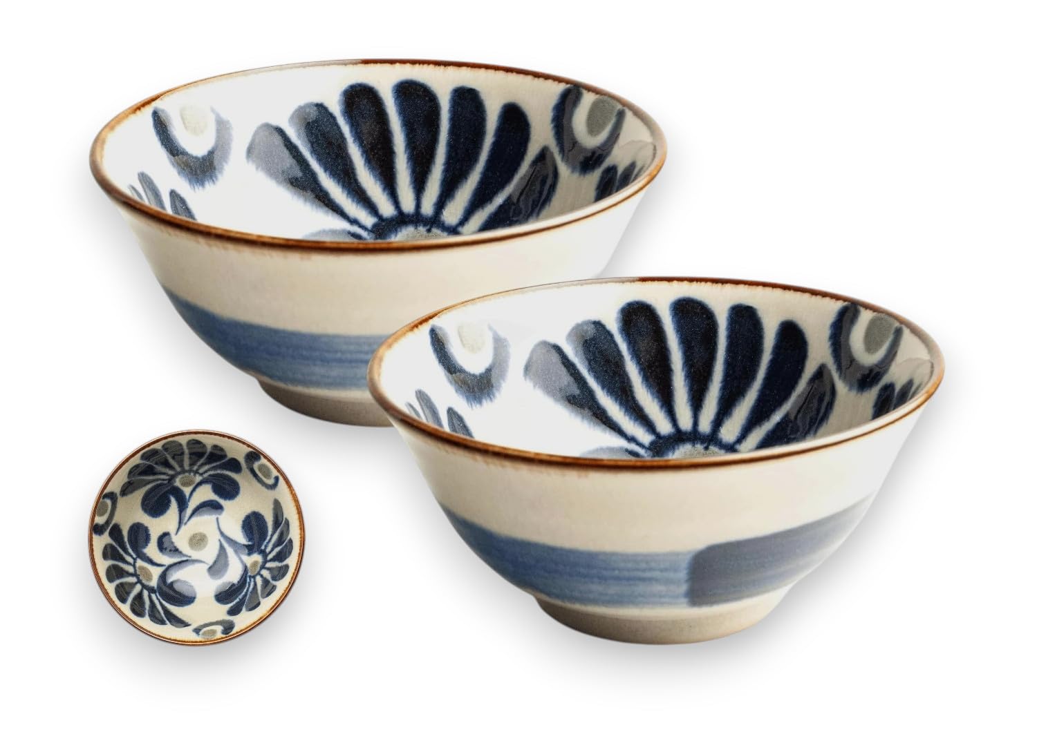 Japan-Bowls ASIATICA | Ramen Bowl Ciotole in porcellana 15 cm | Ciotola asiatica di alta qualità per riso, pasta, tapas, Udon, cereali – Ciotole da zuppa con design giapponese (set da 2 Hinagiku, blu)