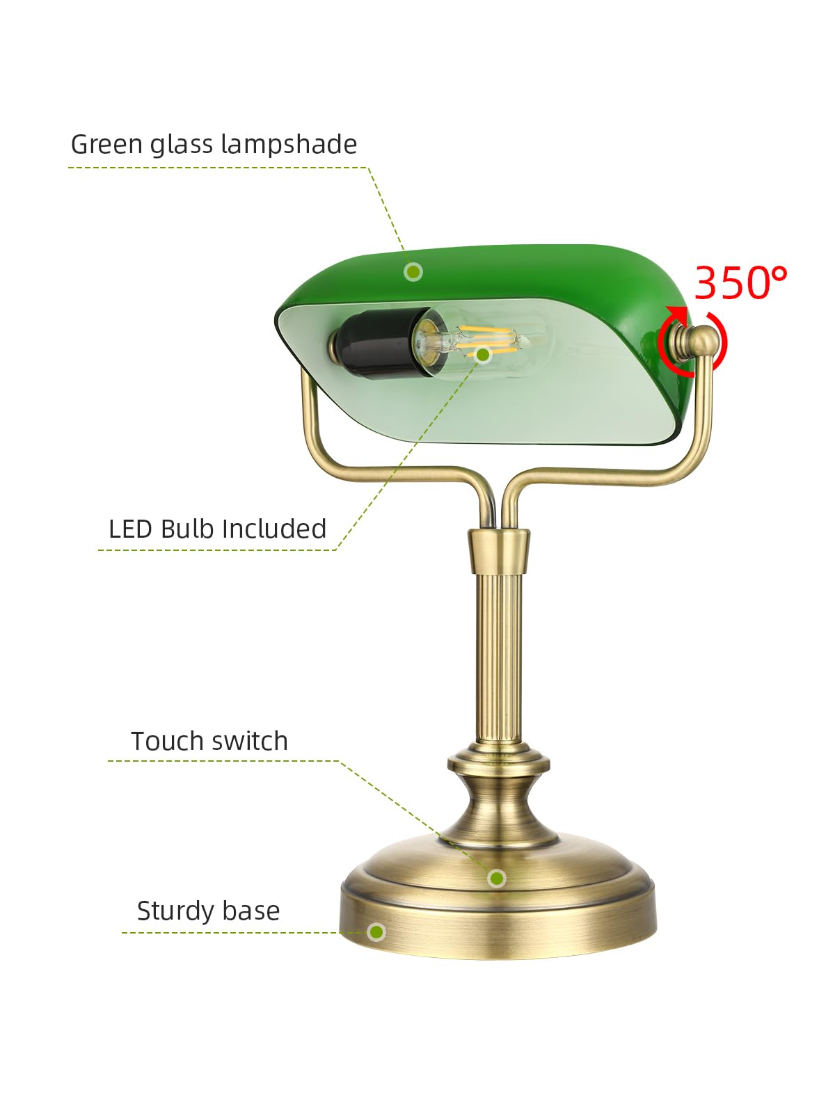 Green Bankers Lampe de bureau, abat-jour en verre réglable, lampe vintage avec interrupteur tactile pour bureau à domicile, lampe piano, ampoule LED 6 W incluse